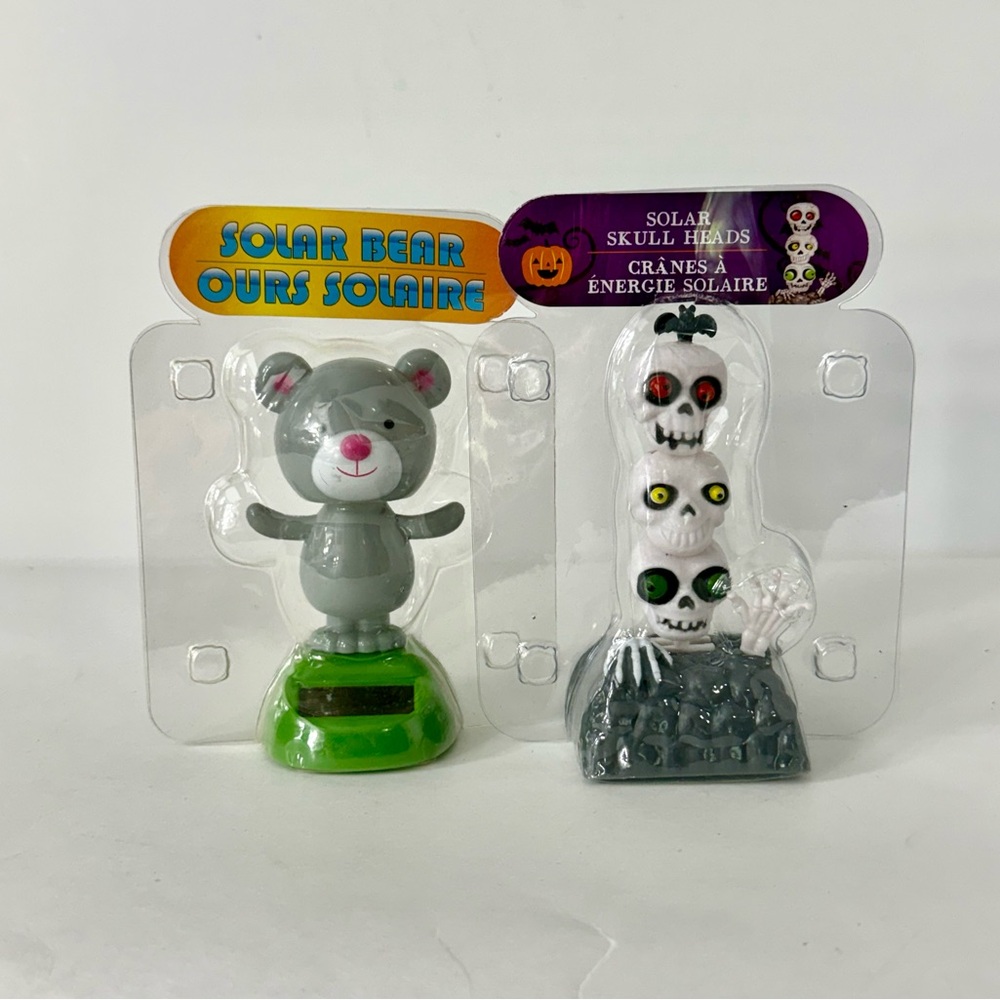 2 Solar Powered Dancing Bobbles Skull Heads & Gray Bear New